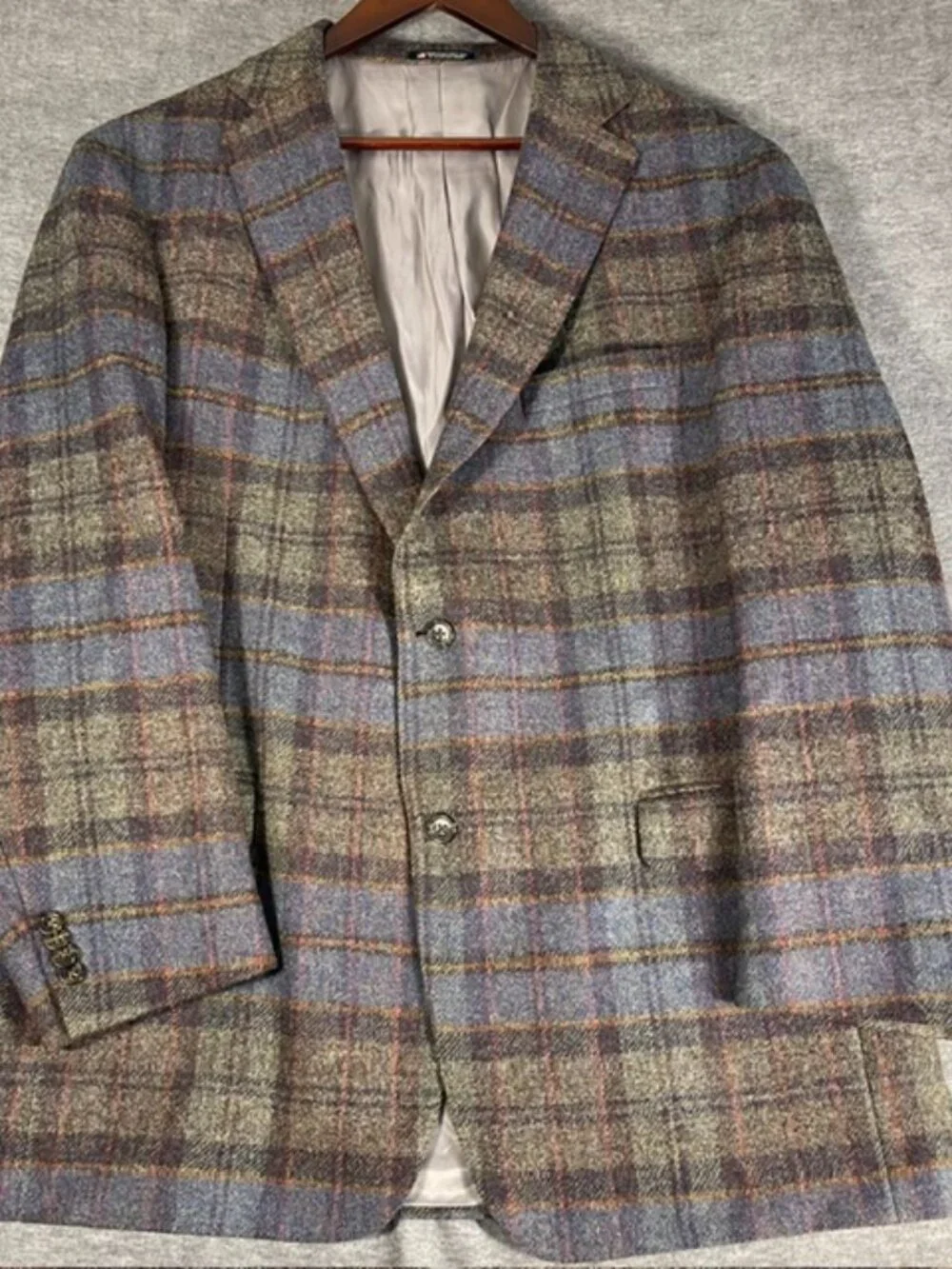 Hart Schaffner Marx Wool Brown Blue Plaid Blazer Made USA Sport Coat 46R Preppy